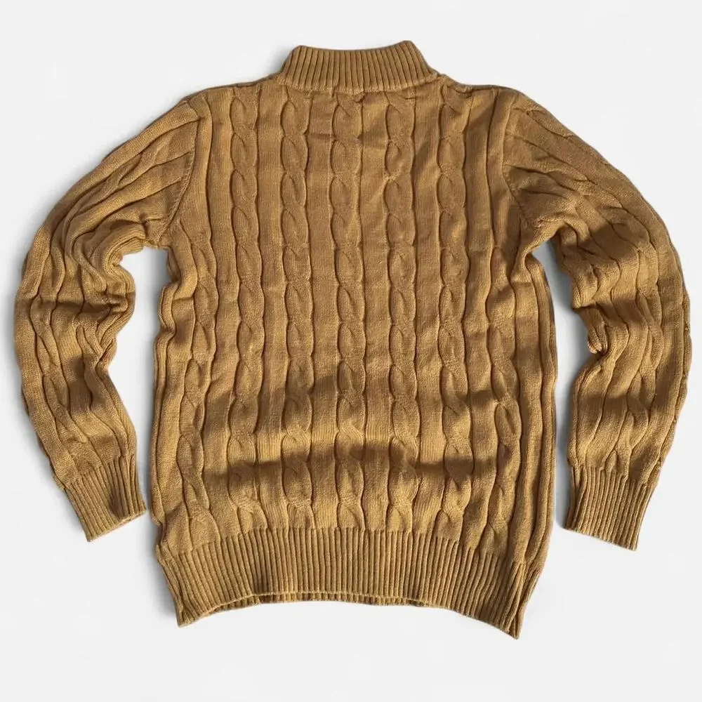 Polo Ralph Lauren Camel Melange brown cable knit cotton quarter zip sweater